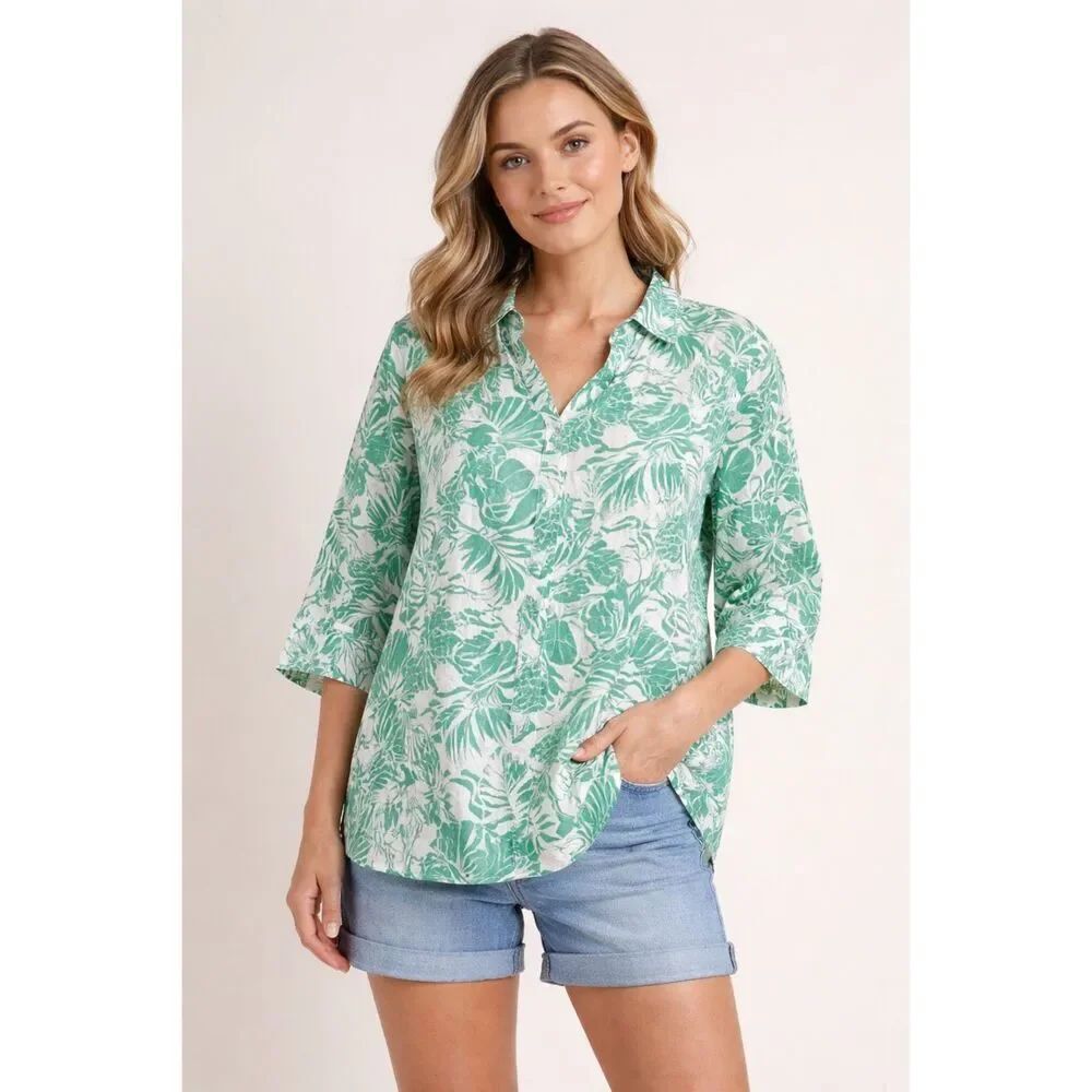Nicole Miller Linen Tropical Blouse Green White 1X Plus Size